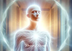 spirit entering body dream meaning _ The final image depicts the spirit fully integrated with the person, who now appears to be surrounded by a soft, radiant aura. The person's expression is one of profound peace and contentment, indicating a successful and harmonious union of spirit and body. The room glows with a gentle, reassuring light, signifying the completion of this spiritual journey.