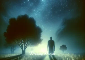 unknown dead body dream meaning _ A symbolic representation of the person's dream: a peaceful meadow under a starry night sky, with a shadowy, undefined figure in the distance. The figure is not threatening but evokes a sense of mystery and contemplation, reflecting the theme of unknown dead body dream meaning.