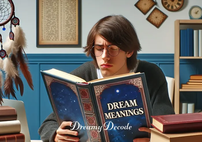 dream book meaning _ A person sitting at a desk, surrounded by books and a laptop, with a dream catcher hanging nearby. They are intently reading a large, ornate book titled "Dream Meanings," their expression one of curiosity and fascination.
