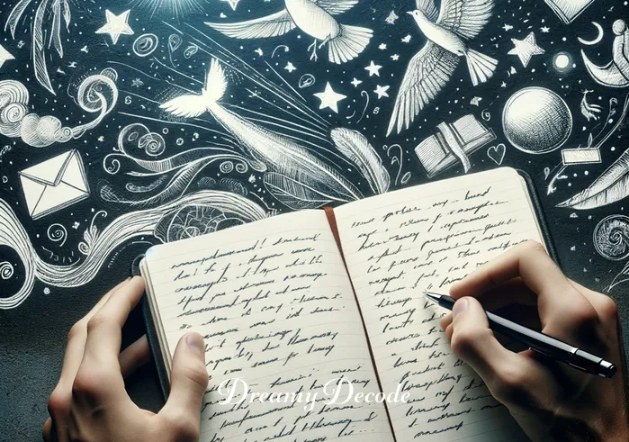 dream book meaning _ The same person, now with a notebook and pen, jotting down notes from the dream book. Various dream symbols are sketched on the pages around them, like a flying bird, a winding path, and a shining star.