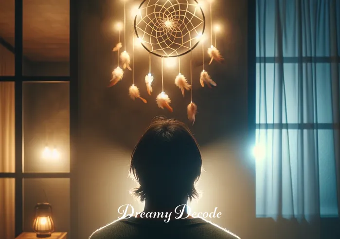 dream book meaning _ The individual, now in a relaxed pose, eyes closed, visualizing their dream. The room is dimly lit, with soft lights highlighting the dream catcher and creating a serene atmosphere.