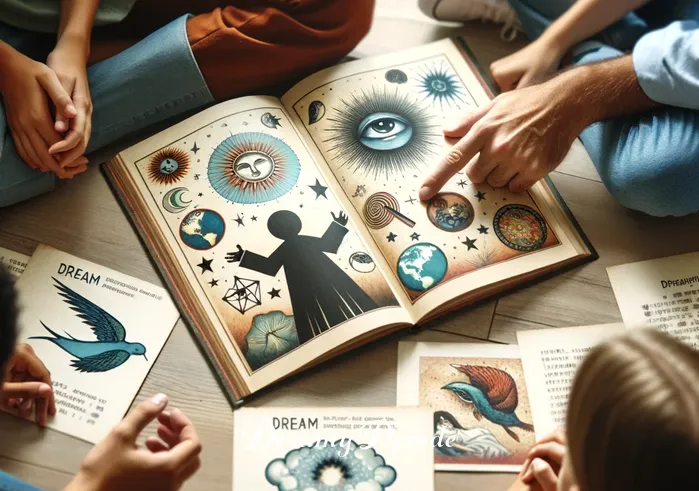 dream book meaning _ Finally, the person is sharing their dream interpretations with a small, attentive group. They are pointing to illustrations in the dream book, engaging in a lively discussion about the symbols and their meanings.