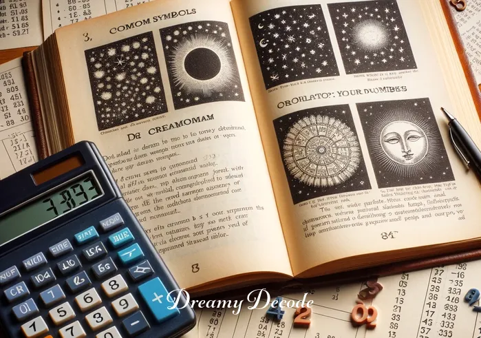 dream book meaning and numbers _ An open dream book showing pages with explanations of common dream symbols next to a calculator and scattered number charts, illustrating the step of correlating dream symbols with numbers for deeper interpretation.