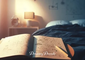 dream book meaning numbers _ A serene bedroom scene at dawn, with a dream journal open on a bedside table. The journal has notes and drawings related to numbers, suggesting a reflection on dreams from the night before.