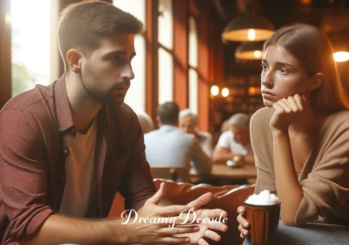 boyfriend cheating dream meaning _ The dreamer, now awake, sits with a concerned friend at a café. They are in mid-conversation, with the dreamer explaining the dream, and the friend listening intently and offering comfort. The café is warm and inviting, with other patrons enjoying their time in the background.