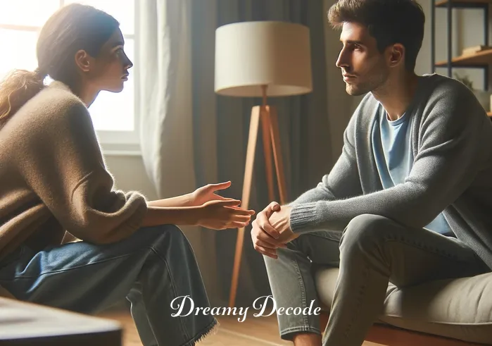 boyfriend cheating dream meaning _ The final image shows the dreamer and their partner in a calm, heartfelt conversation at home. They are both seated, facing each other, with open body language, suggesting a healthy discussion about the dream and its implications on their relationship. The room is cozy, with soft lighting and comfortable furnishings.