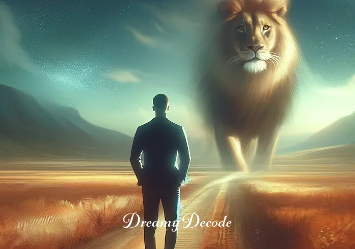 lion attack dream meaning _ A dreamlike image of a person standing confidently in an open savannah. The lion from the previous scene is now closer, visible in the background, symbolizing a potential challenge or obstacle in the person