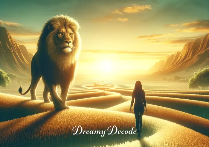 lion attack dream meaning _ The final scene shows the person and the lion walking side by side in harmony, symbolizing overcoming challenges and finding peace. The landscape is bathed in the golden light of sunrise, suggesting a new beginning or personal growth.