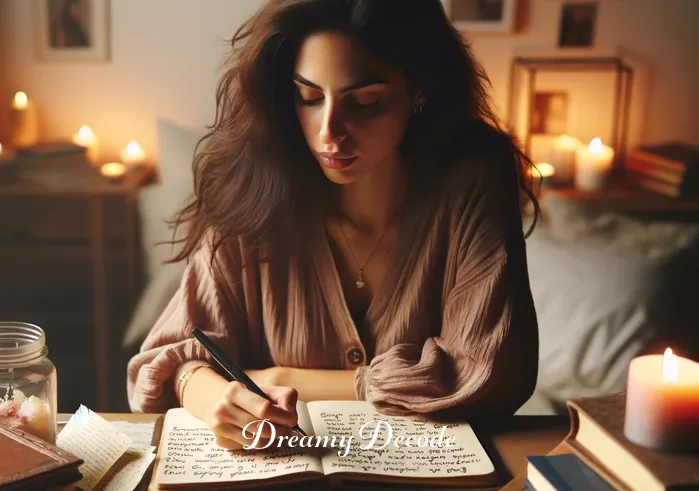 dream about ex boyfriend meaning _ The same woman now at a desk, surrounded by journals and books. She is writing intently, reflecting on her dream and its meanings. The atmosphere is calm and introspective, with soft lighting highlighting the pages of her journal.