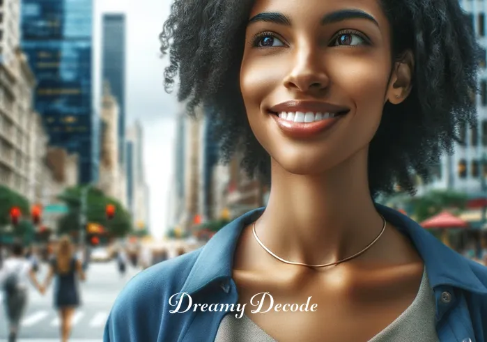 dream about ex boyfriend meaning _ The final image shows the woman walking confidently in a bustling city street, symbolizing moving forward. She has a bright, optimistic expression, suggesting new beginnings and personal growth. The cityscape around her is vibrant, representing the possibilities of the future.
