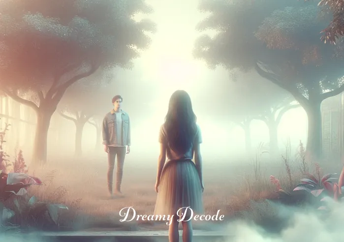 dream meaning ex boyfriend _ A dream sequence where the woman encounters her ex-boyfriend in a surreal, misty park setting. They are both younger, mirroring a scene from their past. The environment is ethereal, with soft pastel colors and a gentle fog surrounding them, indicating a nostalgic and reflective mood in the dream.