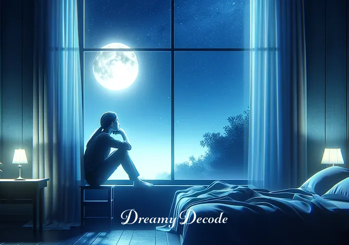 dream meaning of ex boyfriend _ A dreamer sitting in a peaceful, moonlit bedroom, gazing thoughtfully out the window. The serene night sky and the dreamer