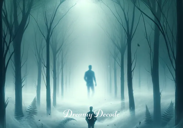 dream meaning of ex boyfriend _ A surreal scene where the dreamer is walking through a misty, ethereal forest, symbolizing a journey through memories and emotions. Faint silhouettes of an ex-boyfriend appear in the fog, representing past connections and their lingering impact.