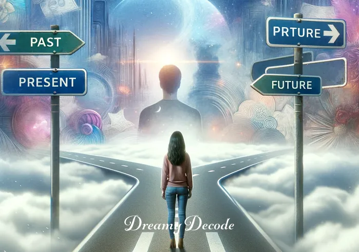 dream meaning of ex boyfriend _ The dreamer at a crossroads in the dream, with roads labeled "Past," "Present," and "Future." The ex-boyfriend