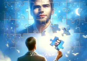 dream meaning of ex boyfriend _ A scene of the dreamer holding a puzzle piece with the ex-boyfriend's face on it, fitting it into a larger puzzle depicting their life. This represents understanding and integrating past experiences with an ex-boyfriend into the broader narrative of the dreamer's personal growth.