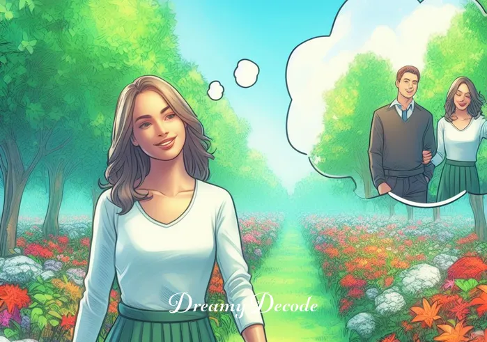 dream of an ex boyfriend meaning _ A dream sequence showing the woman walking in a lush, green park with her ex-boyfriend. They are both smiling and conversing comfortably, surrounded by vibrant flowers and under a clear blue sky. The dream has a pleasant, nostalgic atmosphere.
