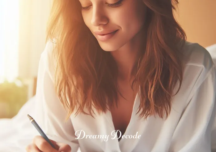 dream of an ex boyfriend meaning _ The woman waking up in the morning, looking refreshed and thoughtful. She's jotting down notes in a journal, possibly recording her dream. The early morning light bathes the room in a warm glow, symbolizing a new beginning or insight.