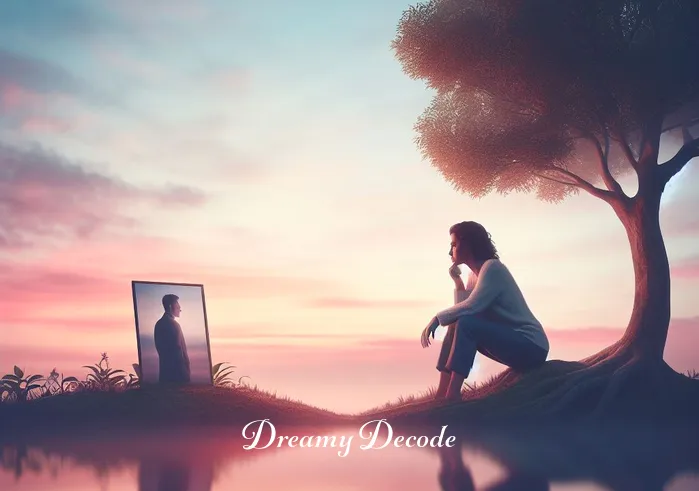 ex boyfriend dream meaning _ A serene landscape with a woman sitting under a tree, looking thoughtfully at a photo of a man. The sky is painted with soft pastel colors, creating a dreamy atmosphere. This image symbolizes the initial stage of reflection on past relationships.