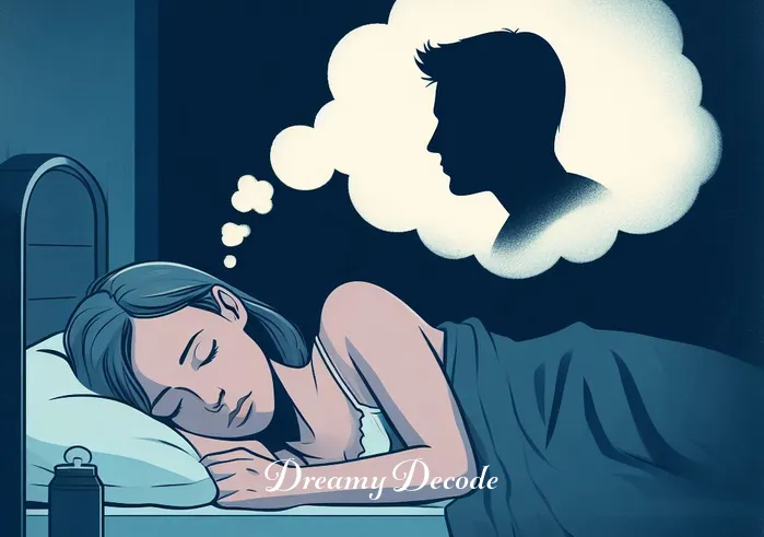 ex boyfriend dream meaning _ A woman asleep in her bed, with a peaceful expression on her face. The room is dimly lit by moonlight, and dreamy clouds are illustrated above her head, indicating she is dreaming. The dream clouds subtly form the silhouette of a man