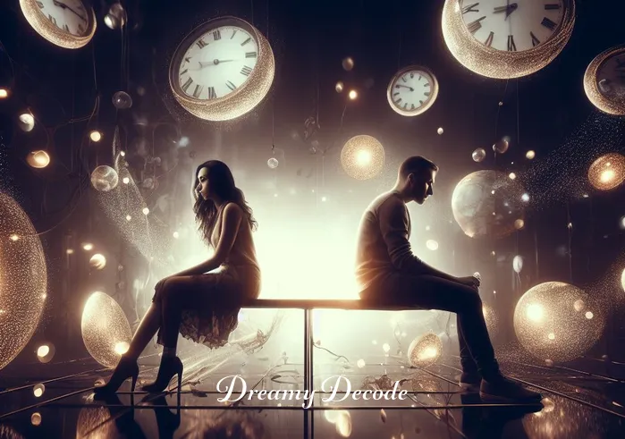 ex boyfriend dream meaning _ A dreamlike sequence showing the woman and her ex-boyfriend in a surreal setting, surrounded by floating clocks and soft, glowing lights. They are sitting apart on a bench, symbolizing distance and time passed. Their expressions are calm and reflective.