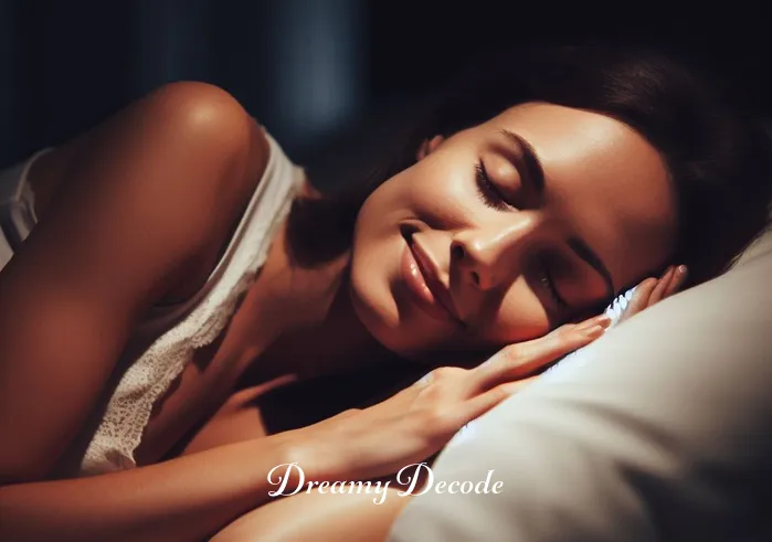 ex boyfriend in dream meaning _ A woman sleeping peacefully in her bed with a soft smile on her face, suggesting she is having a pleasant dream. The room is dimly lit by moonlight, creating a serene and tranquil atmosphere.