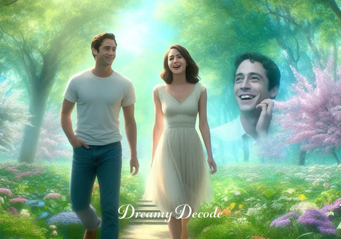 ex boyfriend in dream meaning _ The dream sequence shows the woman walking in a lush, green park with her ex-boyfriend. They are both smiling and talking animatedly, surrounded by blooming flowers and tall trees, symbolizing a nostalgic and happy memory.