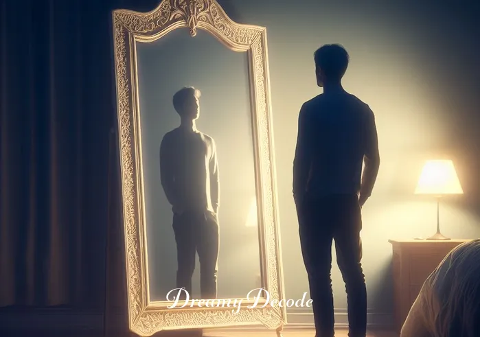 breaking glass dream meaning _ A person standing in a serene, dimly lit room, gazing thoughtfully at a large, ornate mirror. The mirror, with intricate designs on its frame, reflects a calm and peaceful bedroom setting, symbolizing self-reflection and introspection in a dream.