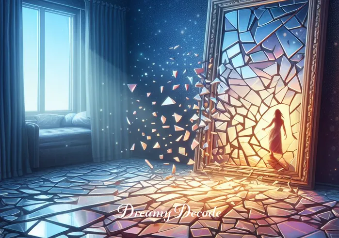 breaking glass dream meaning _ A final scene where the broken pieces of the mirror have fallen to the floor, forming a mosaic-like pattern. The room is now brightly lit, symbolizing clarity and resolution. A new, unbroken mirror stands in the place of the old, reflecting a sense of renewal and a fresh start in the dream.