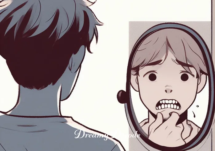 breaking teeth dream meaning _ A person standing in front of a mirror, looking anxious. They are examining their teeth, which appear normal. The mirror reflects a slightly distorted image, creating a sense of unease. The person