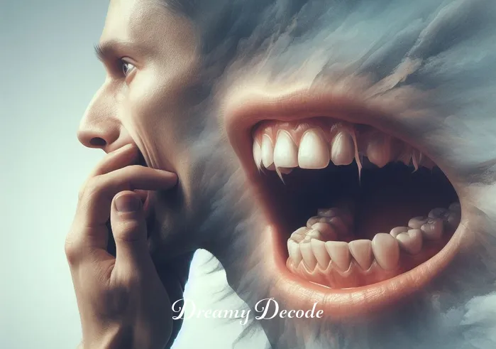 breaking teeth dream meaning _ The same person now appears in a dreamlike, surreal landscape. They are touching their mouth in a worried manner. In the dream, their teeth begin to show small cracks, symbolizing the onset of anxiety or fear. The background is misty and ethereal, enhancing the dreamlike quality.