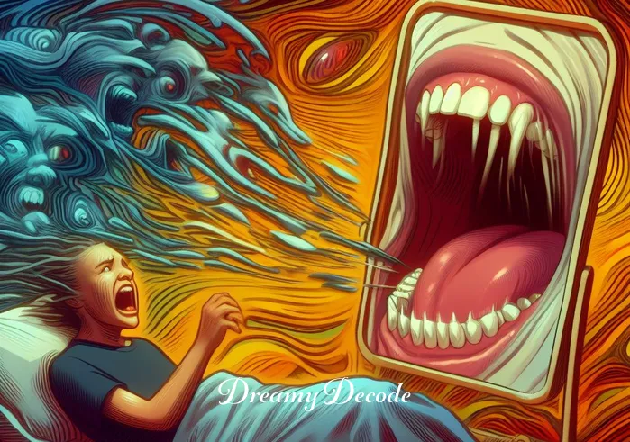 breaking teeth dream meaning _ In the third scene, the dream intensifies. The person looks horrified as they witness their teeth crumbling in the mirror. The reflection is now heavily distorted, symbolizing the escalation of the dream