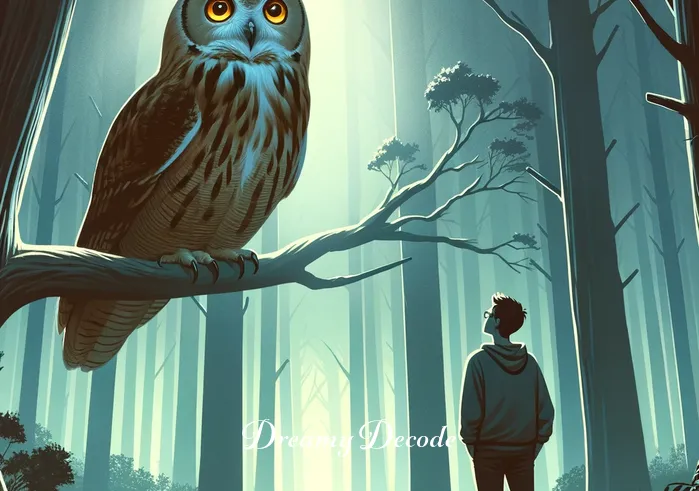 owl attack dream meaning _ A dreamer stands in a serene forest, gazing upwards with a look of curiosity and slight apprehension. Above them, a majestic owl is perched on a branch, its eyes glowing softly in the dim light, symbolizing wisdom and insight.