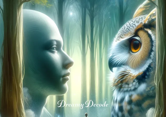 owl attack dream meaning _ The final image shows the dreamer and the owl face to face, a few feet apart. The dreamer's face reflects a mix of fear and fascination, symbolizing confrontation with unknown aspects of the self. The owl, calm and majestic, represents a challenge or a revelation in the dreamer's journey.