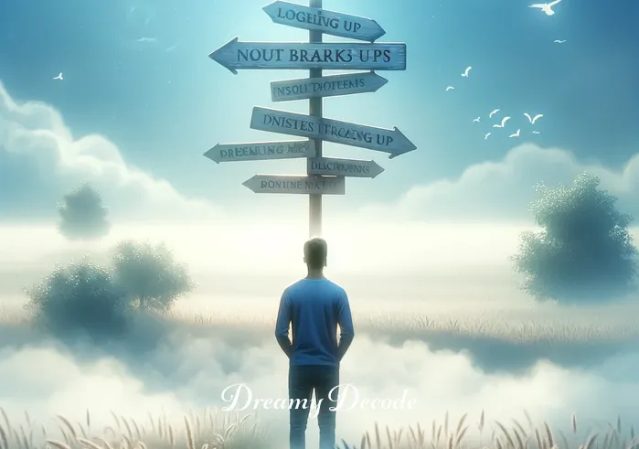 breaking up dream meaning _ A dreamer standing in a serene field, surrounded by a soft mist, looking at a crossroads signpost. The signpost has multiple directions, symbolizing the dreamer