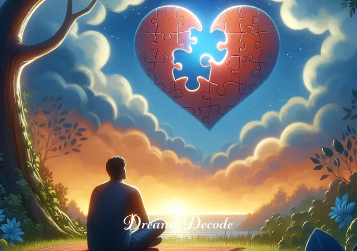 breaking up dream meaning _ A dreamer sitting under a tree in a tranquil garden, holding a heart-shaped puzzle with a piece missing. This image represents the dreamer