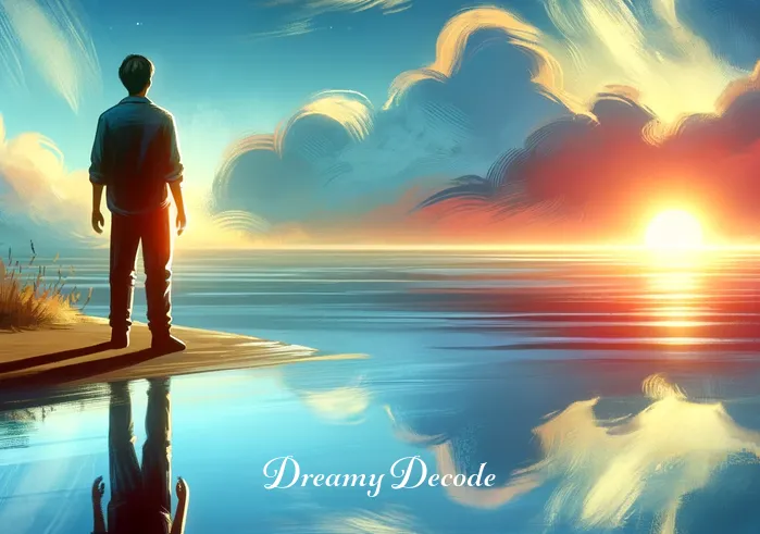 breaking up dream meaning _ A dreamer at the edge of a serene lake, watching the sunrise. Their reflection in the water shows a more confident and hopeful expression, illustrating the dreamer