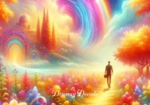 breaking up dream meaning _ A dreamer walking on a path through a vibrant, blooming garden, with a bright rainbow in the sky. This signifies the dreamer's journey towards new beginnings and happiness post-breakup, as interpreted in dream analysis.