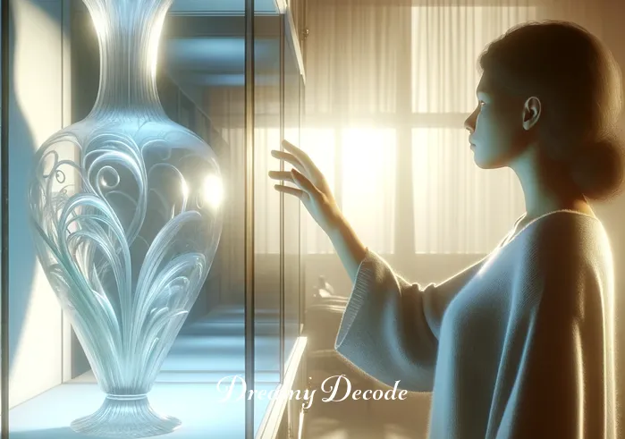 dream meaning breaking glass _ A person standing in a brightly lit, serene room, gazing intently at a large, fragile glass vase perched on a shelf. The vase is ornate, catching the light, and the person
