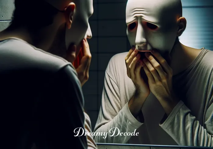 dream meaning teeth breaking _ A person standing in front of a mirror in a peaceful, dimly lit bathroom. They are examining their teeth with a concerned expression, representing the initial worry or awareness in a dream about dental health.