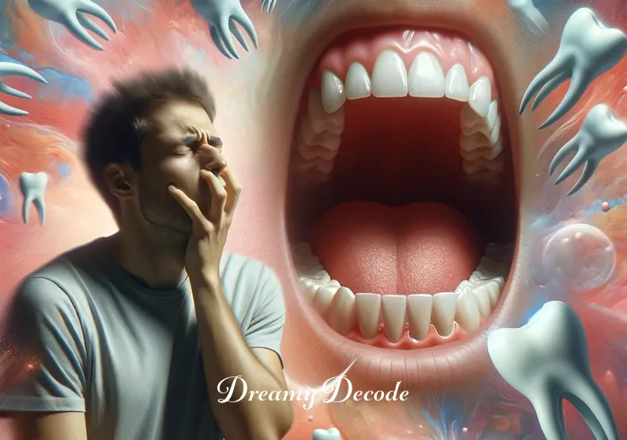 dream meaning teeth breaking _ The same person is now dreaming, depicted with a surreal, dream-like background. They are experiencing a sensation of teeth loosening, symbolized by slightly blurred teeth, capturing the anxiety and uncertainty often associated with dreams about teeth breaking.