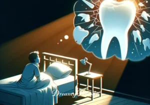 dream meaning teeth breaking _ The final image shows the person waking up from the dream, sitting up in bed with a thoughtful expression. The early morning light filters through the window, suggesting a new perspective or understanding about the dream's significance.