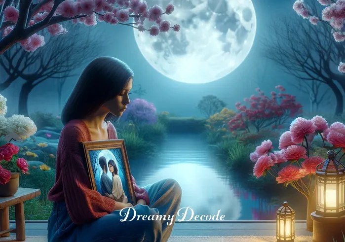 dream of boyfriend breaking up with me spiritual meaning _ A young woman sitting alone in a serene, moonlit garden, surrounded by blooming flowers and a calm pond, looking thoughtful as she holds a picture of herself and her boyfriend, symbolizing introspection and the beginning of a spiritual journey following a dream about a breakup.