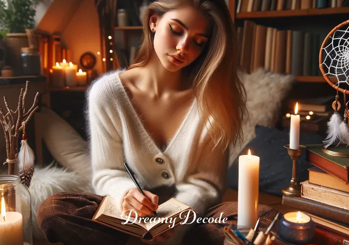 dream of boyfriend breaking up with me spiritual meaning _ The same woman, now inside her cozy room, surrounded by books, candles, and a dreamcatcher, writing in a journal. She