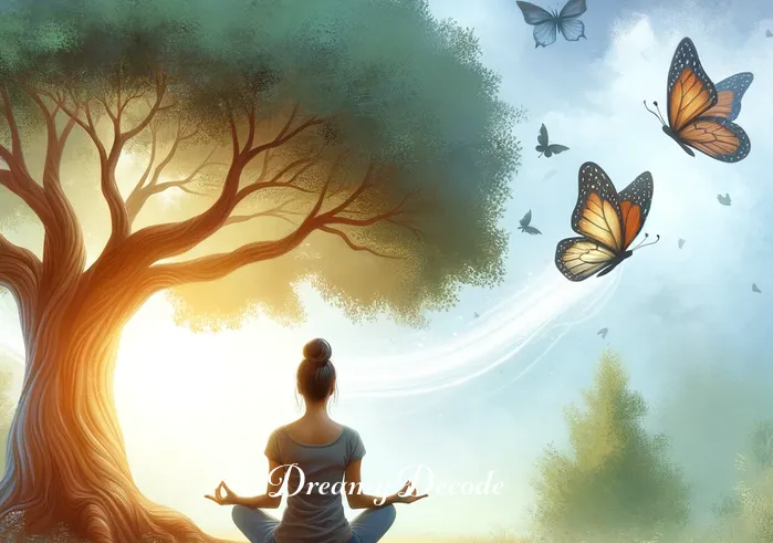 dream of boyfriend breaking up with me spiritual meaning _ In a peaceful outdoor setting, the woman is seen meditating under a large tree, with birds and butterflies around, symbolizing her connection with nature and her inner self. This represents her journey towards understanding and accepting the spiritual messages in her dream.