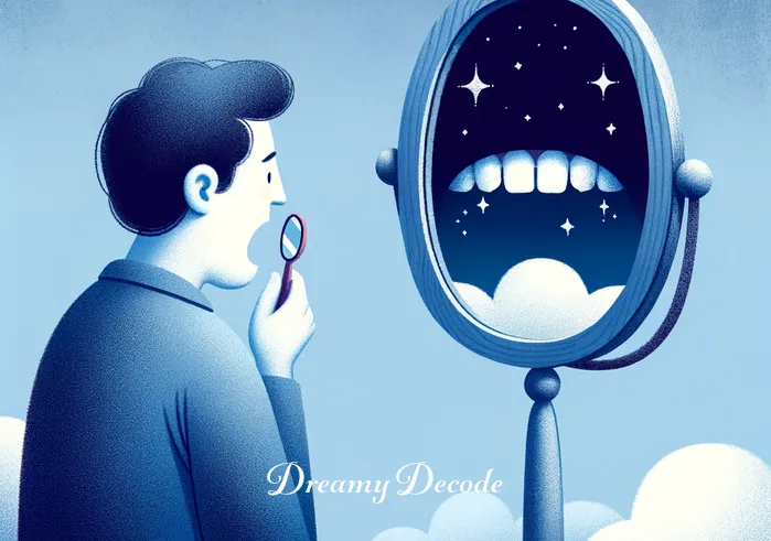 dream of breaking teeth spiritual meaning _ A dreamer looks anxiously at a mirror, revealing a small crack in one of their front teeth. The mirror reflects a cloudy sky in the background, symbolizing uncertainty and emotional turbulence.