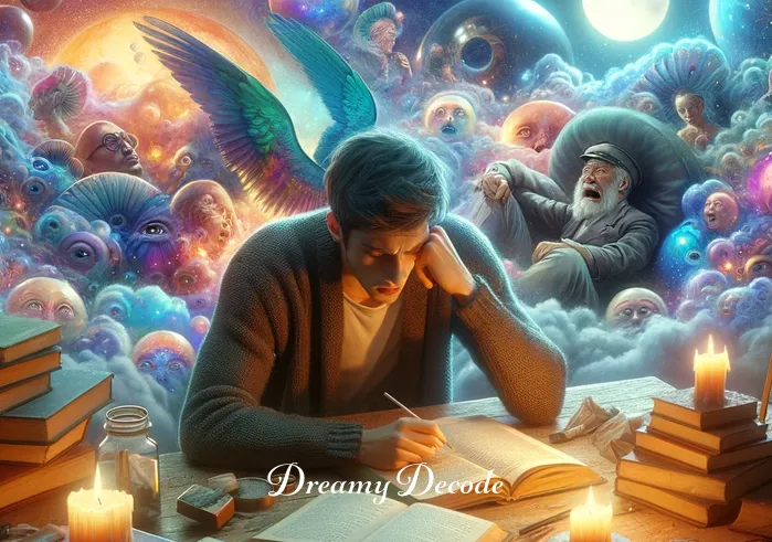 dream of breaking teeth spiritual meaning _ The dreamer sits at a table, surrounded by books and candles, deeply engrossed in researching the spiritual implications of teeth breaking in dreams. A look of realization dawns on their face.