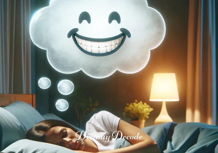 dream of teeth breaking meaning _ A person asleep in bed, with a dream bubble showing a bright, toothy smile. The setting is peaceful and the person appears relaxed, hinting at the start of a dream sequence.