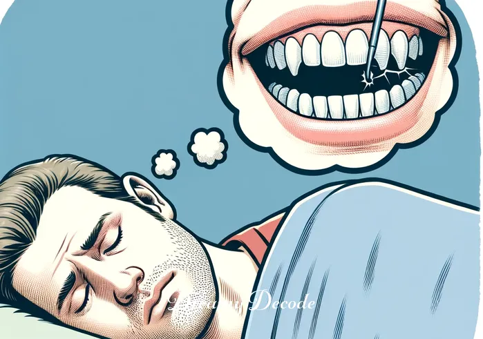 dream of teeth breaking meaning _ The same person now appears slightly troubled in their sleep. The dream bubble has transformed to show a close-up of the smile, but with one tooth starting to crack, symbolizing the onset of teeth breaking in the dream.