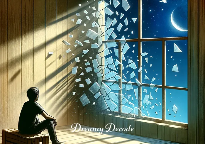 glass breaking dream meaning _ The window now has multiple cracks, with a few small pieces of glass starting to fall away. The person is watching with a mix of curiosity and apprehension, representing a dream