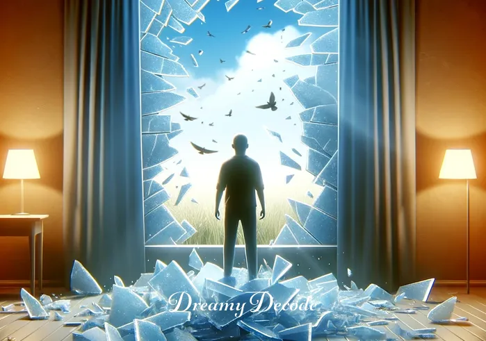 glass breaking dream meaning _ The final scene shows the window completely shattered, with glass pieces scattered on the floor, and the person looking through the open space with a look of acceptance and understanding, symbolizing a breakthrough or revelation in the dream.